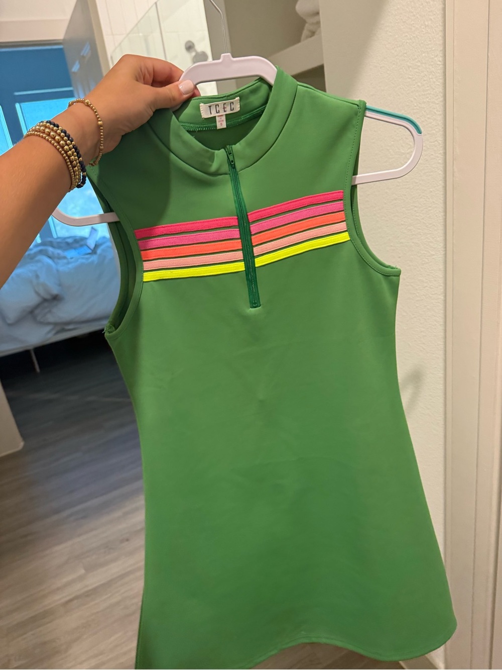 TCEC Green Sleeveless Mini Dress with Neon Stripe Detail